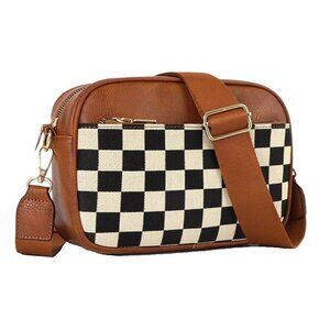 PU Leather Crossbody Bag Adjustable Strap Checkerboard Plaid Handbag